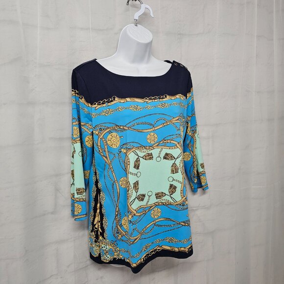 Charter Club Blouse Blue Black Equestrian Preppy Casual M - Picture 5 of 13